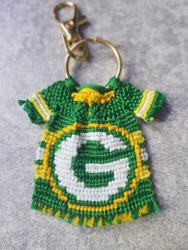 a keychain with a woven jersey-shape made to look like a Green Bay Packers football team uniform
