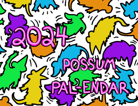 The 2024 Possum Pal-Endar cover featuring colorful cut-out silhouettes of opossums in Keith Haring's art style.