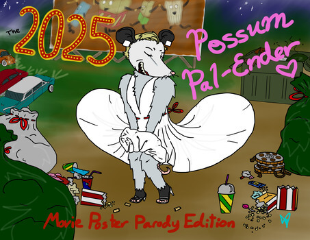 The 2025 Possum Pal-Endar cover featuring a virginia opossum at a drive-in theater, wearing a trash bag that looks like MArilyn Monroe's dress in 'The Seven Year Itch' movie.