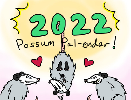 The 2022 Possum Pal-Endar cover featuring 3 virginia opossums smiling.